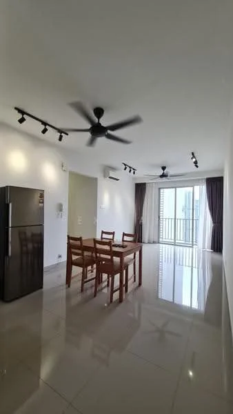Dining features: dining table with four wooden chairs, black stainless-steel fridge, polished ceramic tile flooring, white painted walls, recessed LED downlights, 5-blade ceiling fan, floor-to-ceiling sliding glass door, curtains, balcony view; style: modern; view: city.