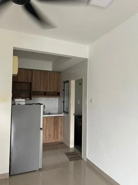 Kitchen features: grey stainless-steel fridge, wood cabinetry, white countertop, sink, wall-mounted cabinets, ceramic tile flooring, recessed downlights, ceiling fan, window, open layout; style: modern.