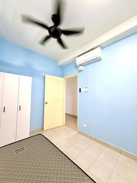 Room features: light blue painted walls, ceiling fan, wall-mounted split AC, tiled flooring, built-in wardrobe with white doors, door leading to another room, area rug, neutral-colored door; style: modern.
