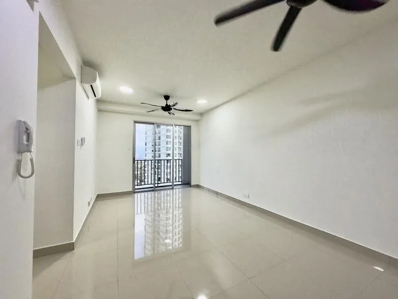 Living features: white painted walls, glossy ceramic tile flooring, 2 ceiling fans, sliding glass door, floor-to-ceiling windows, balcony access, recessed downlights; style: modern; view: city.