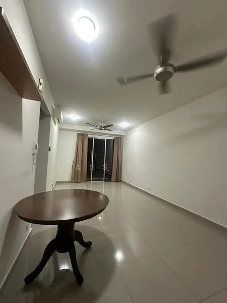 Living features: white painted walls, glossy tile flooring, recessed downlights, 2-blade ceiling fan, large sliding glass door, curtains, round wooden dining table, open layout; style: modern.