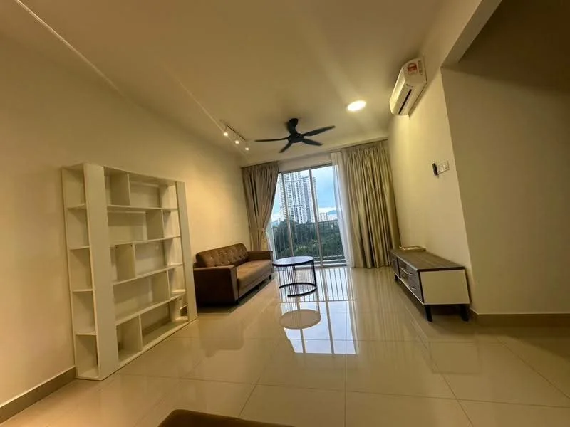 Living features: cream painted walls, glossy tile flooring, 5-blade ceiling fan with light, floor-to-ceiling windows, sheer curtains, brown leather sofa, coffee table, TV console, built-in shelving unit, wall-mounted air conditioning unit; style: modern; view: city.