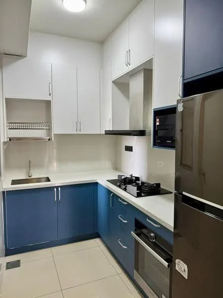 Kitchen features: blue and white cabinetry, white quartz countertop, stainless-steel single-bowl sink, chrome pull-down faucet, built-in oven, 4-burner gas hob, stainless-steel fridge, microwave, wall-mounted kitchen shelf, tile backsplash, recessed ceiling lights, ceramic tile flooring; style: modern.