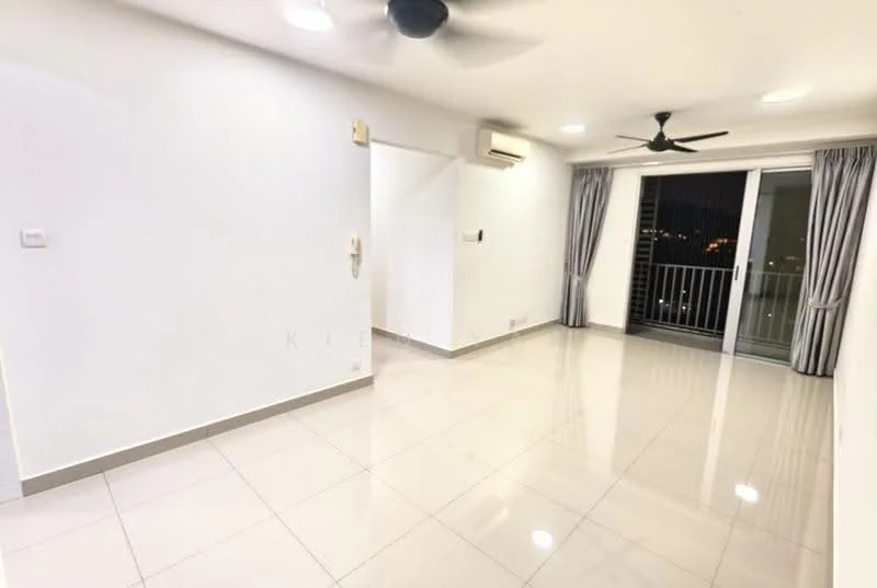 Living features: white painted walls, glossy ceramic tile flooring, 5-blade ceiling fan with light, wall-mounted split AC, floor-to-ceiling sliding glass door, curtains, balcony access, recessed lighting; style: modern; view: city.