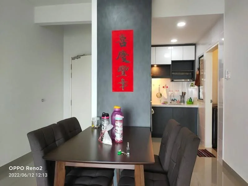 Dining features: dark wooden dining table, 4 upholstered dining chairs in black, decorative wall art in red, light grey walls, white ceiling, recessed downlights, open layout to kitchen, kitchen visible in background; style: modern. Kitchen features: black cabinetry, white backsplash, stainless-steel sink, built-in stove, microwave, refrigerator visible, countertop space, open shelving; style: modern.