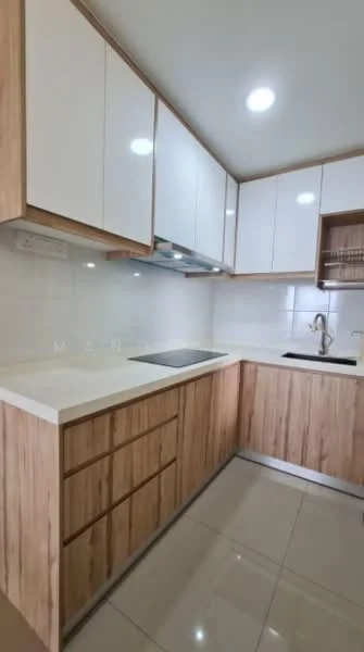 Kitchen features: white upper cabinets, wood lower cabinets, stainless-steel sink, chrome pull-down faucet, white countertop, ceramic tile backsplash, built-in oven, stainless-steel range hood, recessed downlights, polished tile flooring; style: modern.