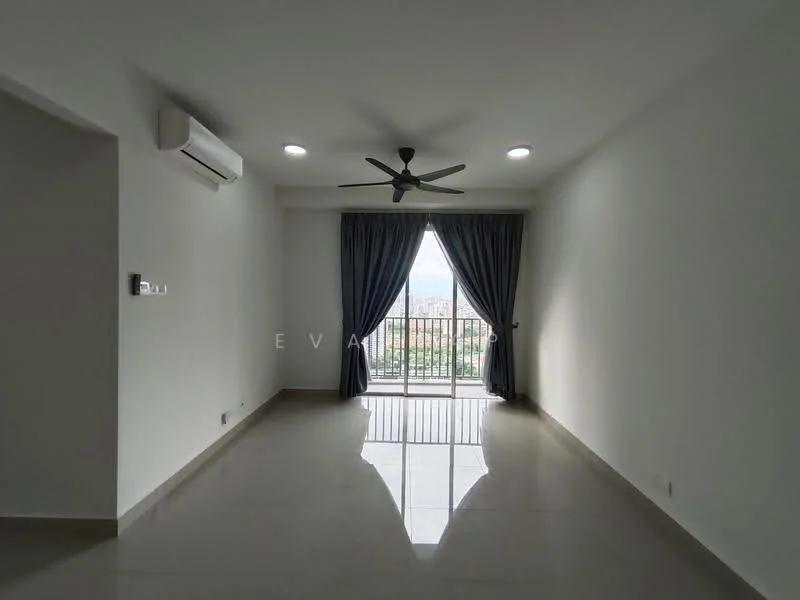 Living features: white painted walls, polished ceramic tile flooring, 5-blade ceiling fan with light, floor-to-ceiling sliding glass door, grey curtains, air conditioning unit, recessed LED downlights; style: modern; view: city.