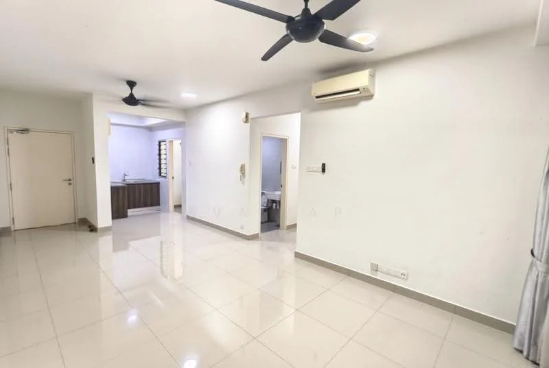 Living features: white painted walls, glossy ceramic tile flooring, 2 ceiling fans, 1 wall-mounted split AC, recessed downlights, door leading to kitchen, door leading to hallway; style: modern. Kitchen features: wood cabinetry, countertop, unknown appliances; style: modern.