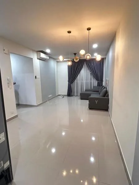 Living features: grey fabric sofa, 5-blade ceiling fan with light, recessed LED downlights, white painted walls, glossy tile flooring, floor-to-ceiling windows with sheer curtains, decorative pendant lights, air conditioning unit on wall; style: modern.