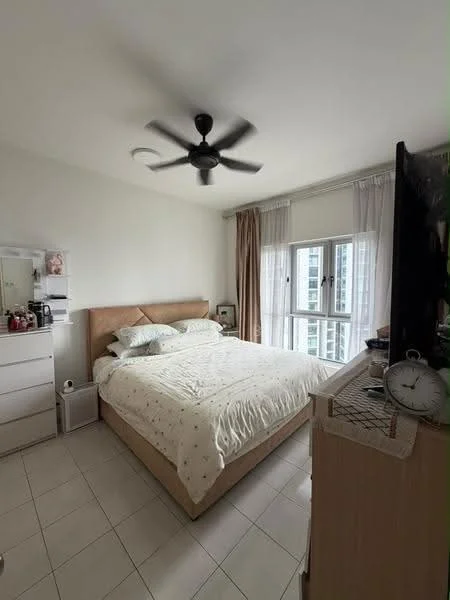 Bedroom features: queen-size bed with white bedding, upholstered headboard, 2 bedside lamps, wall-mounted clock, 5-blade ceiling fan, floor-to-ceiling windows, sheer curtains, cream painted walls, tile flooring, built-in wardrobe, decorative items on dresser; style: modern; view: city.