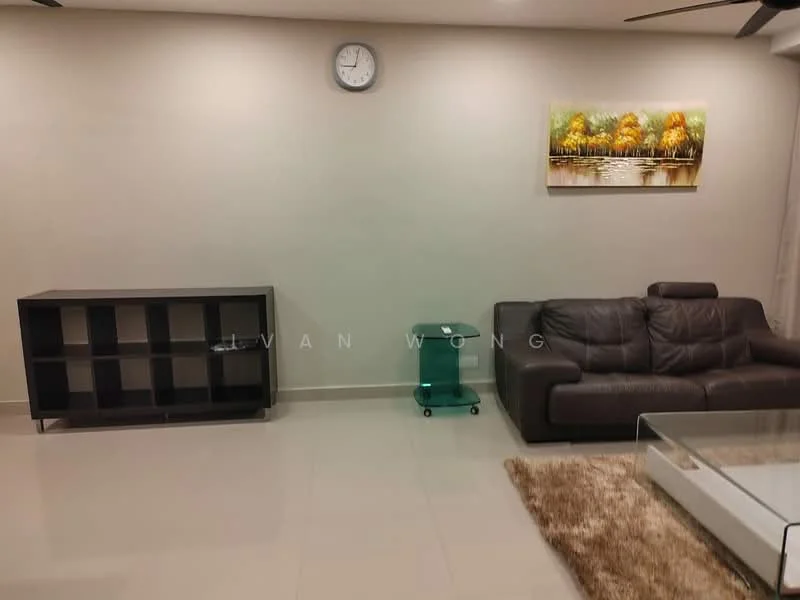 Living features: cream painted walls, glossy tile flooring, 3-seater leather sofa in dark brown, glass coffee table, area rug with neutral color, black shelving unit, green side table, wall clock, framed artwork with landscape, ceiling fan; style: modern.