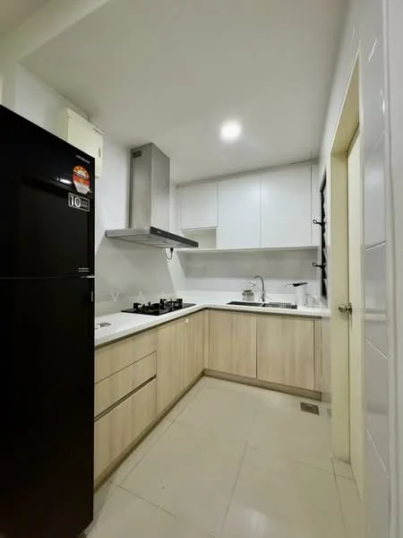 Kitchen features: black refrigerator, stainless-steel range hood, 4-burner gas hob, white quartz countertop, light wood cabinetry, white upper cabinets, single-bowl stainless-steel sink, chrome pull-down faucet, ceramic tile flooring, recessed LED downlights, wall-mounted cabinet, neutral wall color; style: modern.