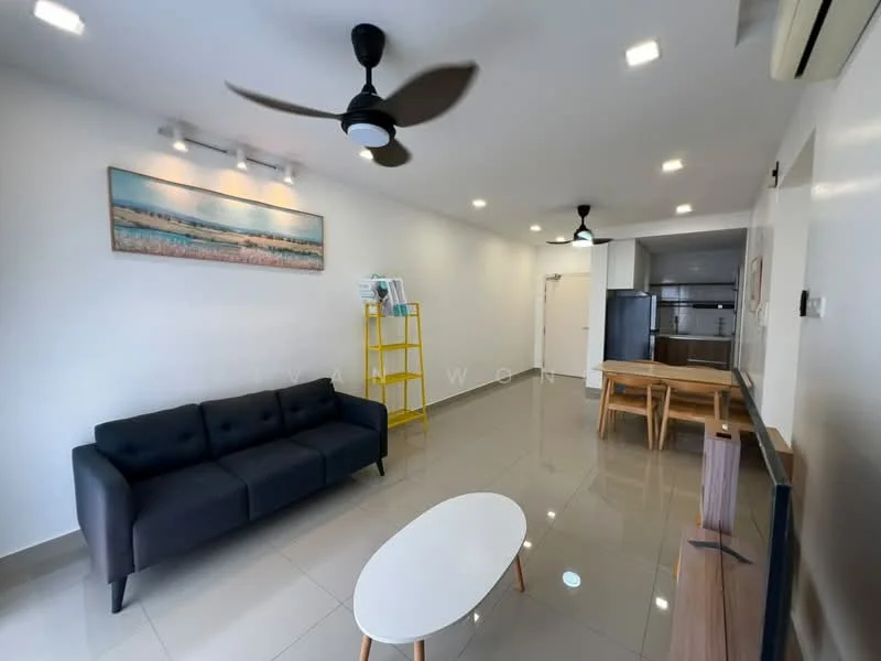 Living features: 3-seater fabric sofa in black, white coffee table, wooden dining table, 4 dining chairs, wall-mounted TV, ceiling fan with 3 blades, recessed LED downlights, glossy tile flooring, white painted walls, open layout to kitchen, decorative wall art; style: modern.