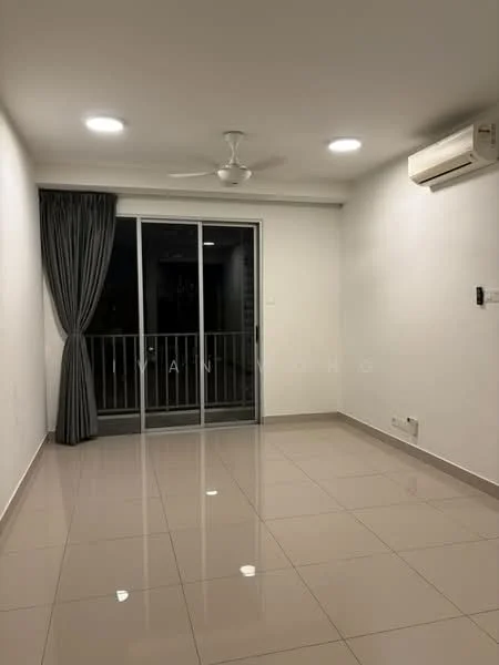 Living features: white painted walls, glossy ceramic tile flooring, 5-blade ceiling fan with light, sliding glass door, floor-to-ceiling windows, curtains, wall-mounted air conditioning unit, recessed LED downlights; style: modern.