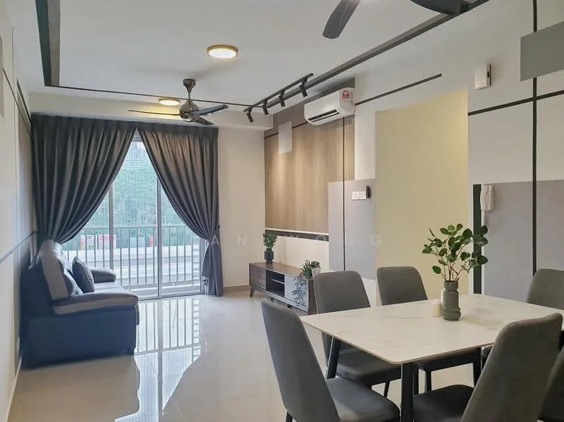 Living features: 3-seater fabric sofa in grey, ceiling fan with light, wall-mounted TV, TV console, coffee table, large sliding glass door, floor-to-ceiling curtains, marble tile flooring, decorative plant in pot, wall-mounted air conditioning unit; style: modern; view: garden. Dining features: 6-seater dining table with marble top, upholstered dining chairs, decorative plant in pot; style: modern.