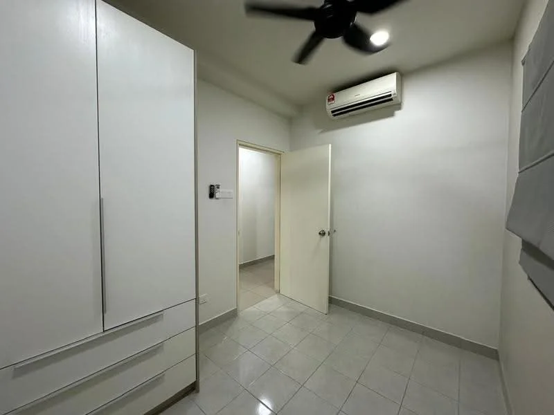 Room features: white painted walls, tile flooring, 1 wall-mounted split AC, ceiling fan, white built-in wardrobe with drawers, door to another room, light switch, window with blinds; style: modern.