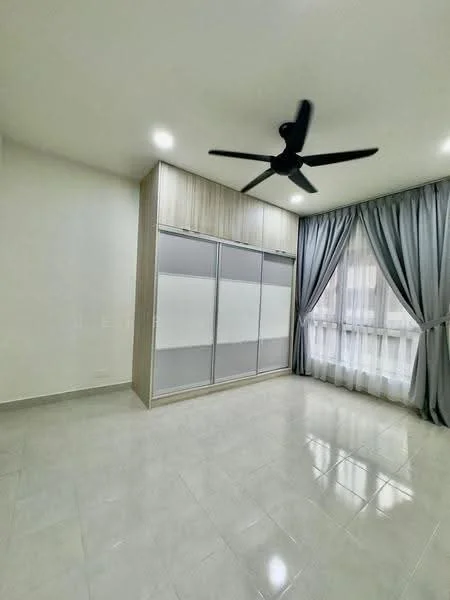 Bedroom features: white painted walls, glossy tile flooring, 5-blade ceiling fan with light, floor-to-ceiling window, sheer curtains, built-in wardrobe with sliding doors, recessed lighting; style: modern.