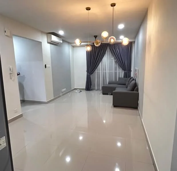 Living features: grey fabric sofa, 5-blade ceiling fan with light, recessed downlights, floor-to-ceiling windows, sheer curtains, white painted walls, glossy tile flooring, decorative pendant lighting, air conditioning unit; style: modern.