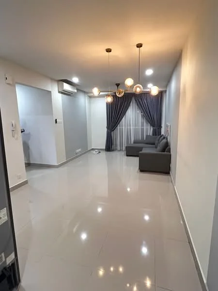 Living features: grey fabric sofa, 5-blade ceiling fan with light, recessed LED downlights, large window with sheer curtains, white painted walls, glossy ceramic tile flooring, decorative pendant lights, air conditioning unit on wall; style: modern.