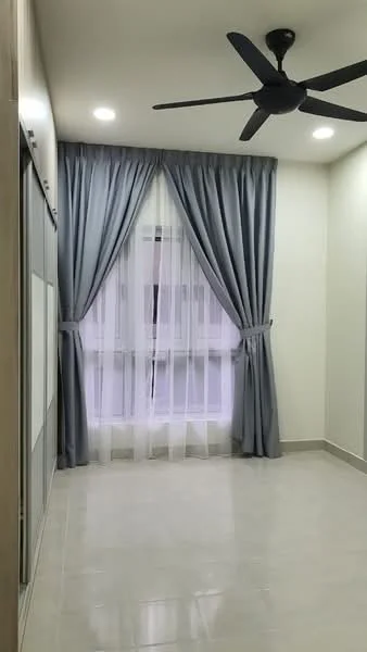 Room features: grey curtains, sheer white curtains, ceiling fan, recessed LED downlights, white painted walls, glossy tile flooring, large window, built-in wardrobe with sliding doors; style: modern.