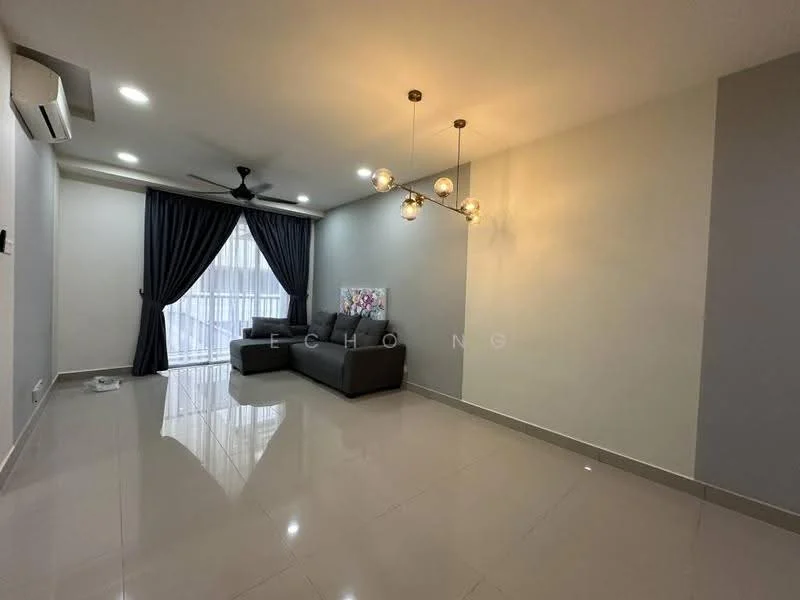 Living features: grey L-shape sectional sofa, marble tile flooring, white painted walls, recessed downlights, 5-blade ceiling fan, blackout curtains, floor-to-ceiling windows, decorative pendant light, wall-mounted air conditioning unit; style: modern.