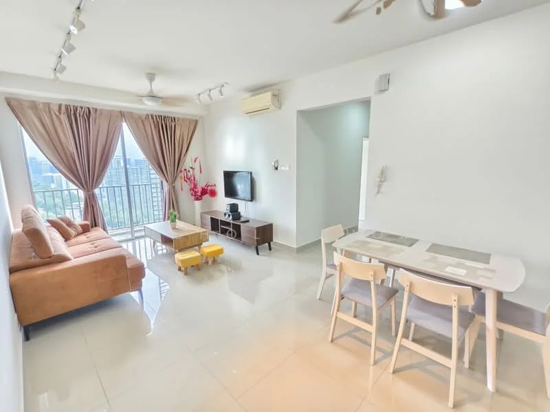 Living features: 3-seater fabric sofa in brown, coffee table, TV console, wall-mounted TV, floor-to-ceiling windows, sheer curtains, recessed downlights, ceiling fan, polished tile flooring, decorative plants, area rug, dining table with 4 chairs, air conditioning unit; style: modern; view: city.