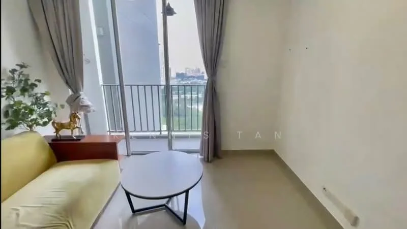 Living features: yellow fabric sofa, round coffee table with black legs, floor-to-ceiling windows, curtains in grey, light-colored walls, smooth tile flooring, decorative plant on side table, balcony door; style: modern; view: city.