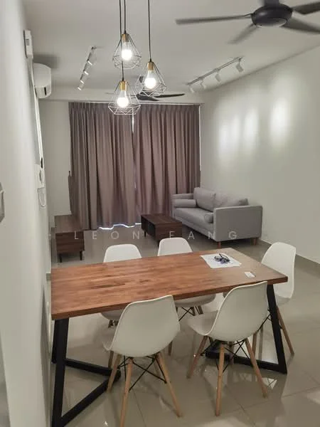 Living features: grey fabric sofa, wood coffee table, white dining table with black legs, 4 white dining chairs, pendant lighting with glass shades, ceiling fan, floor-to-ceiling curtains, polished tile flooring, wall-mounted air conditioning unit, recessed lighting; style: modern.