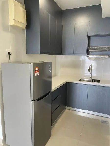 Kitchen features: grey cabinetry, white countertop, stainless-steel sink, chrome pull-down faucet, built-in oven, freestanding fridge, tile backsplash, wall-mounted ventilation hood, under-cabinet lighting, ceramic tile flooring, white painted walls; style: modern.