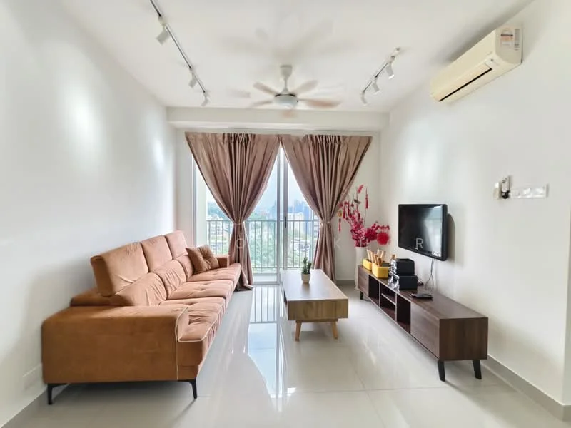 Living features: 3-seater fabric sofa in beige, coffee table with wooden legs, wall-mounted TV, TV console in dark wood, floor-to-ceiling windows, curtains in light brown, recessed downlights, ceiling fan with light, polished tile flooring, air conditioning unit on wall; style: modern; view: city.
