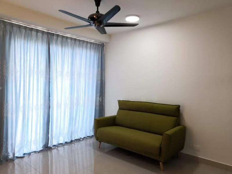 Living features: green fabric sofa, 5-blade ceiling fan with light, sliding glass door, floor-to-ceiling windows, sheer curtains, glossy tile flooring, recessed ceiling light, white painted walls; style: modern.