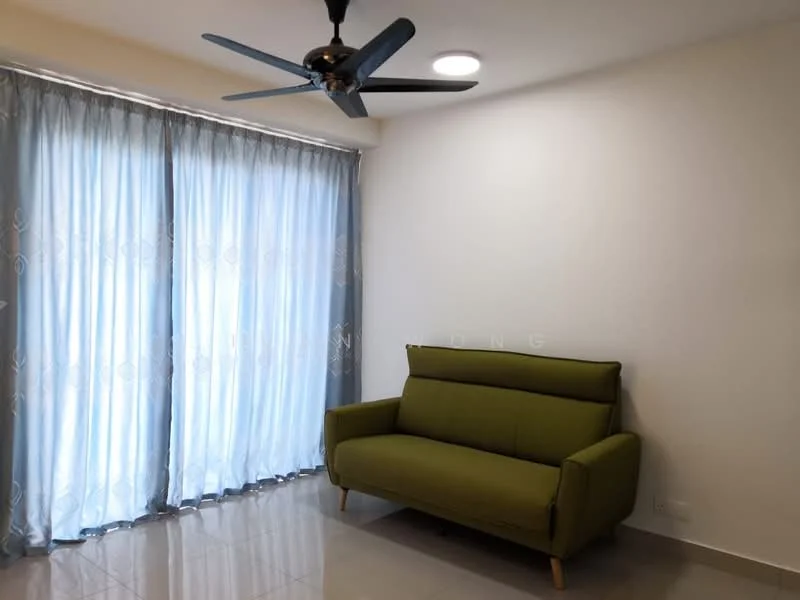 Living features: green fabric sofa, 5-blade ceiling fan with light, floor-to-ceiling windows, sheer curtains, white painted walls, glossy tile flooring, recessed ceiling light; style: modern.