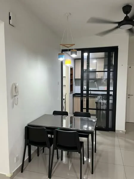 Dining features: black dining table, 4 black dining chairs, pendant light with three colored bulbs, white painted walls, glossy tile flooring, ceiling fan, glass sliding door, open kitchen view, built-in cabinetry in kitchen; style: modern; view: kitchen.