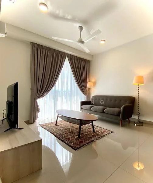 Living features: 3-seater fabric sofa in grey, coffee table, TV console, wall-mounted TV, area rug with geometric pattern, floor-to-ceiling windows, sheer curtains, ceiling fan with light, laminate flooring, decorative lamp, light-colored walls; style: modern; view: city.
