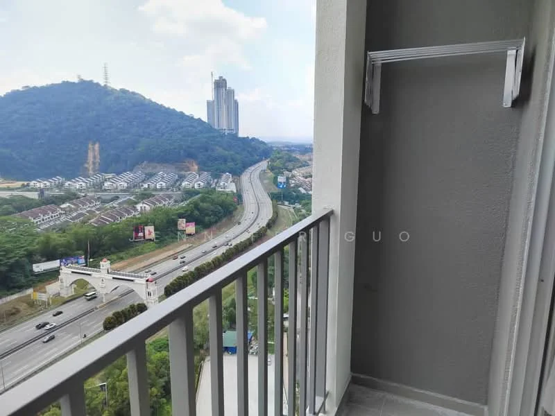 Room features: balcony with railing, grey painted walls, floor-to-ceiling windows, mountain view, city view, tile flooring; style: modern; view: city.