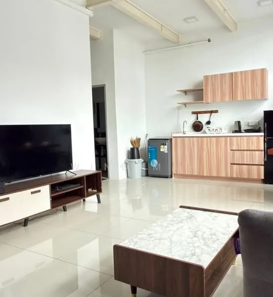 Living features: white painted walls, polished tile flooring, exposed wooden beams on ceiling, large flat-screen TV on stand, coffee table with marble top, dark wood TV console, kitchen cabinetry with wood finish, stainless-steel fridge, kitchen sink, kitchen countertop, open shelving above countertop, kitchen utensils visible; style: modern.