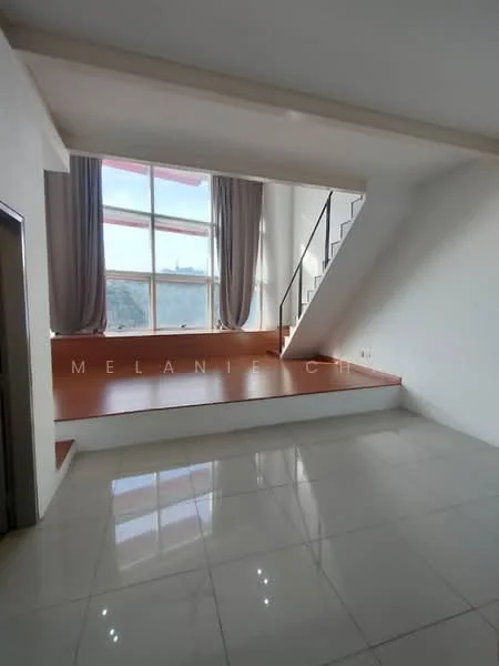 Room features: large floor-to-ceiling windows, grey curtains, white painted walls, white ceiling, polished ceramic tile flooring, staircase with white railing, raised platform area, natural light from windows; style: modern; view: city.