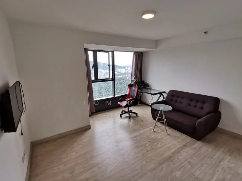 Living features: laminate flooring, white painted walls, floor-to-ceiling windows, curtains, sofa in dark brown, glass coffee table, desk with chair, wall-mounted TV; style: modern; view: city.