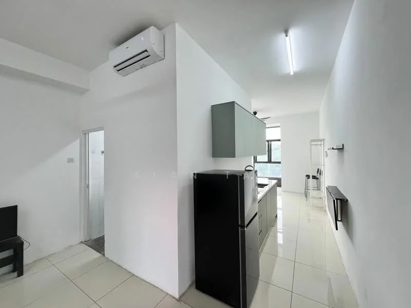 Kitchen features: white painted walls, glossy tile flooring, kitchen cabinetry in grey, black refrigerator, stainless-steel sink, chrome pull-down faucet, wall-mounted split AC, window with city view, countertop space, open layout, lighting fixtures on ceiling; style: modern; view: city. Room features: white painted walls, glossy tile flooring, window, open space.
