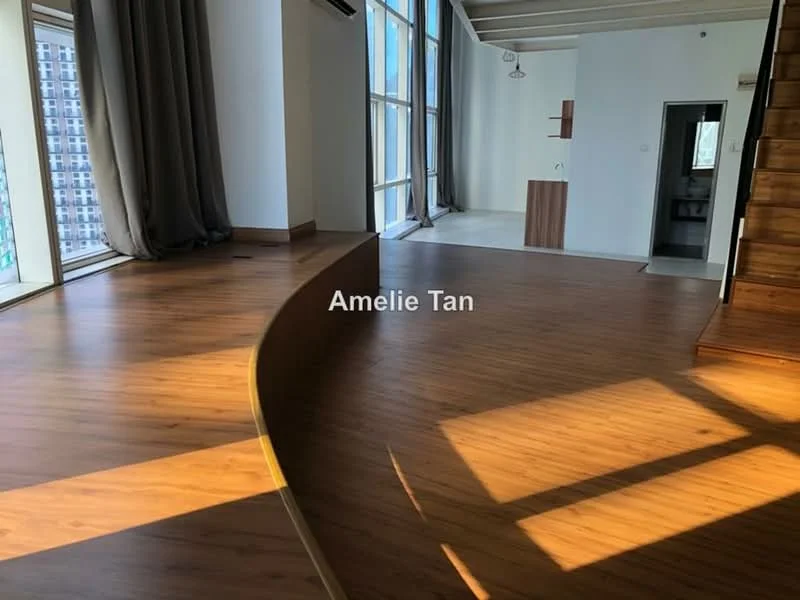 Living features: laminate wood flooring, floor-to-ceiling windows, curtains, exposed beams on ceiling, open layout, natural light, curved wall section, staircase leading to upper level; style: modern; view: city. Room features: white painted walls, light fixture, open space.