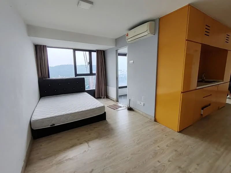 Bedroom features: queen-size bed, black upholstered headboard, floor-to-ceiling window, city view, wooden flooring, air conditioning unit, orange cabinetry, kitchenette area, curtains, light fixture, small rug; style: modern; view: city.