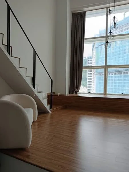 Room features: large windows, city view, wooden flooring, white walls, staircase with black railing, curtains, hanging pendant lights, built-in seating area; style: modern; view: city.