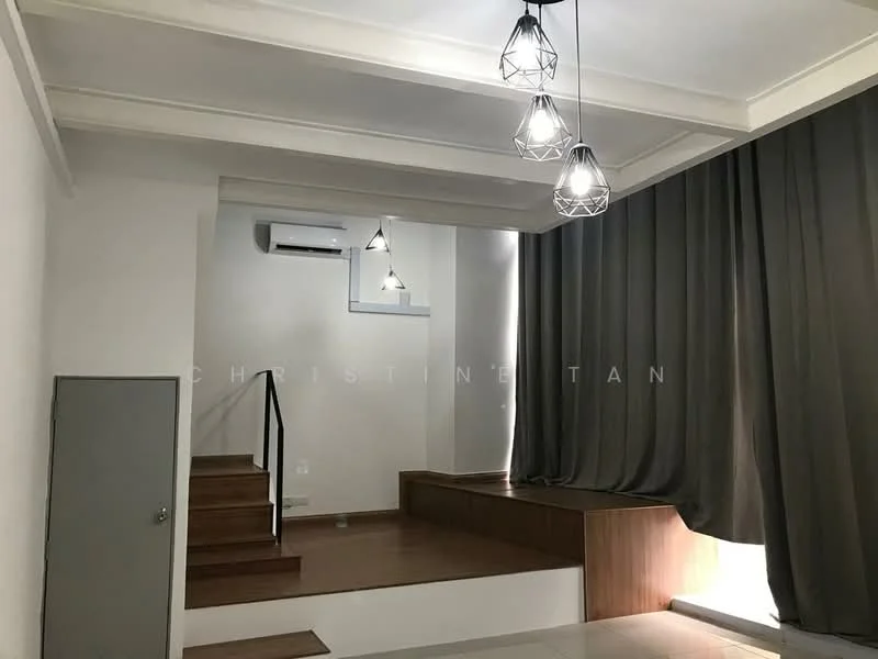 Room features: wooden flooring, white painted walls, ceiling with crown moulding, 5-blade ceiling fan, wall-mounted split AC, large windows with grey curtains, staircase leading to a raised platform, decorative pendant lights; style: modern.