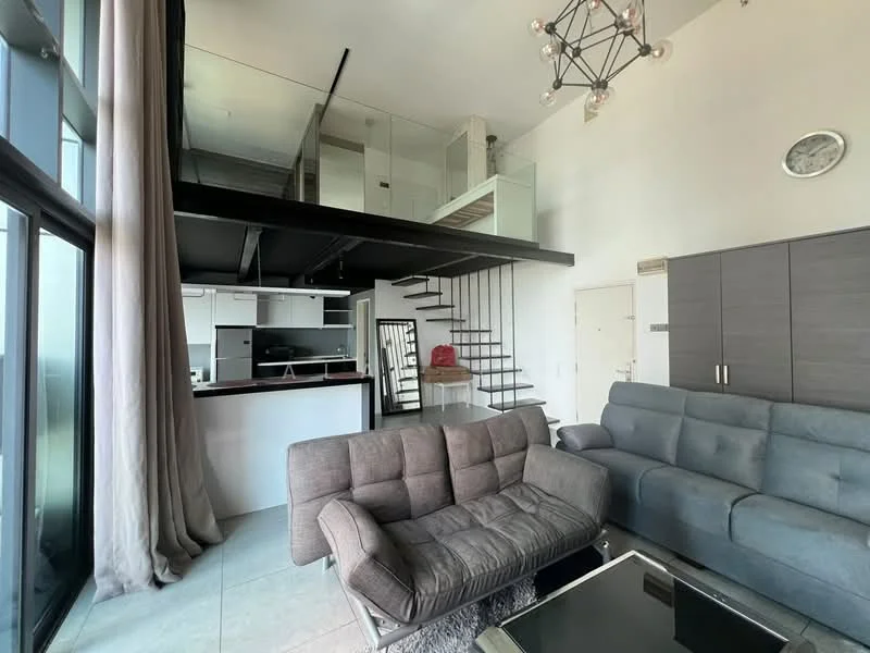 Living features: sofa in grey fabric, 2-seater grey sofa, coffee table with glass top, area rug, large floor-to-ceiling windows, light fixture with multiple bulbs, open-plan layout to kitchen, staircase leading to upper level, grey cabinetry, mirrored wall, tile flooring, curtains in light fabric; style: modern. Kitchen features: white cabinetry, black countertop, kitchen island, stainless-steel appliances, built-in oven, microwave, sink, open shelving; style: modern.