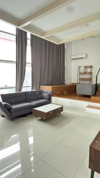 Living features: grey fabric 3-seater sofa, wood coffee table, white tiled flooring, large floor-to-ceiling windows, grey curtains, wall-mounted split AC, wooden steps leading to elevated area, decorative shelving unit; style: modern.