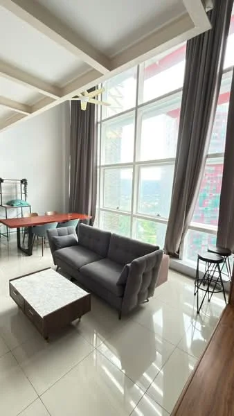 Living features: 3-seater fabric sofa in grey, coffee table with marble top, floor-to-ceiling windows, curtains in grey, polished ceramic tile flooring, exposed beams on ceiling, dining table in background, bar stools, decorative wall art; style: modern; view: city.