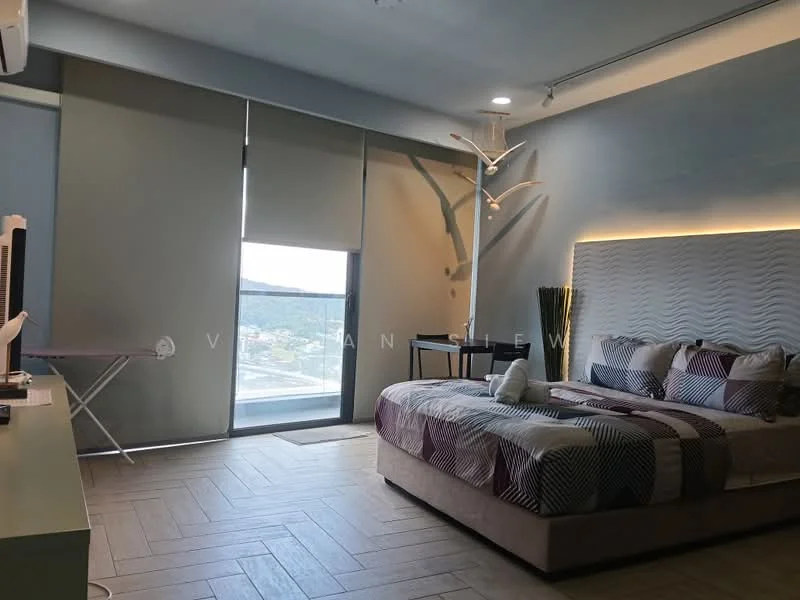 Bedroom features: king-size bed with patterned bedding, upholstered headboard, bedside table, desk with chair, floor-to-ceiling window, roller blinds, laminate flooring, decorative wall with textured panel, LED strip lighting, wall-mounted lamp; style: modern; view: city.
