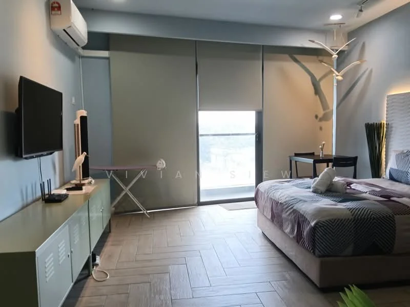 Bedroom features: queen-size bed with upholstered headboard, 2 bedside lamps, wall-mounted TV, 1 wall-mounted split AC, floor-to-ceiling windows, sliding glass door, wooden flooring, dining table with 2 chairs, ironing board, decorative plant, light fixture, grey accent wall; style: modern; view: city.