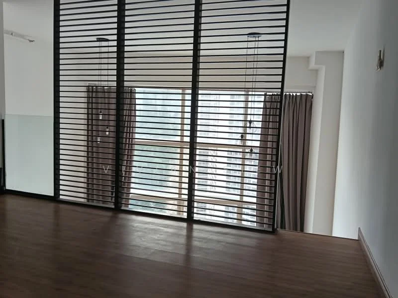 Room features: wooden flooring, large floor-to-ceiling windows, black horizontal slatted partition, sheer curtains, dark grey curtains, recessed ceiling lights, white walls, open layout; style: modern; view: city.