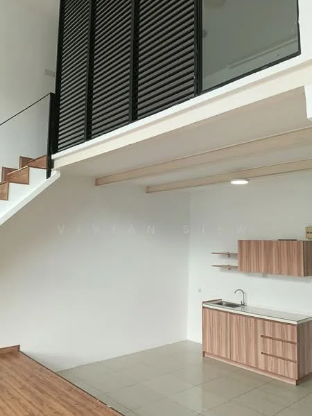 Kitchen features: wood cabinetry, stainless-steel sink, single-bowl sink, chrome faucet, countertop with backsplash, open shelving, tile flooring, recessed ceiling lights; style: modern. Room features: white painted walls, wooden staircase, high ceiling, large windows, black louvered panels.